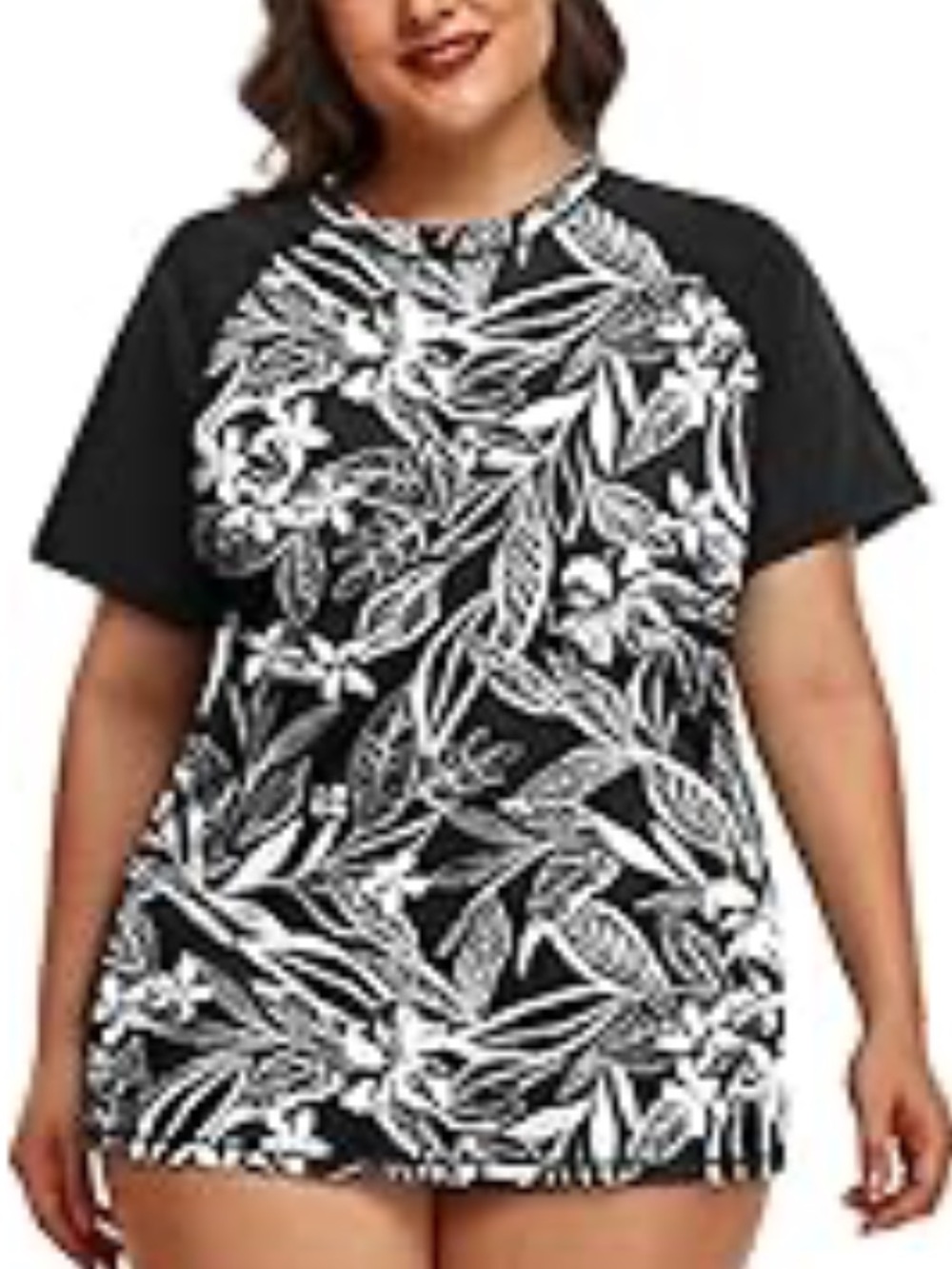 🚘 Plus Size Black & White Floral Swim Coverup Tunic with boy shorts size 1X